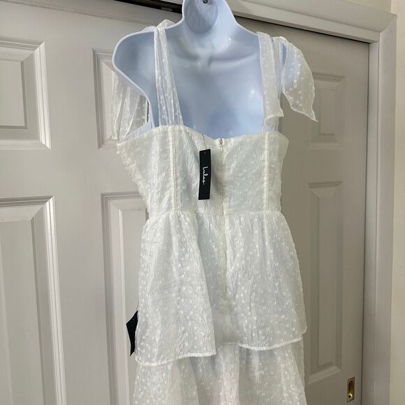 Lulus Blissful Direction White Tie-Strap Clip Dot Bustier Midi Dress - Picture 10 of 14